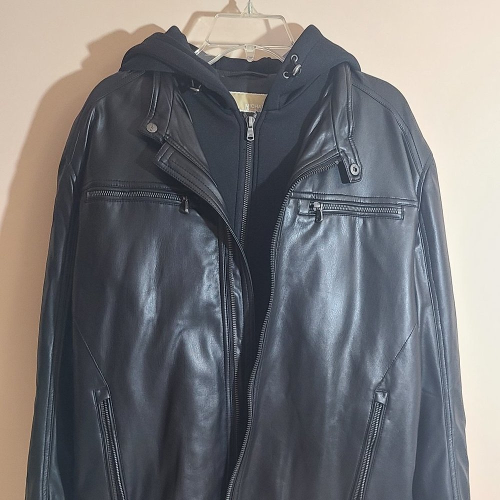 New With Tags Michael Kors Faux Leather Jacket Black Hoodie MSRP $285 Size XLT